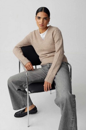 Beige Women Gina Tricot V-neck Knitted Sweaters | 67JHLGPMY
