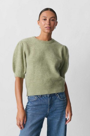 Green Women Gina Tricot Knitted Puff Sleeve Sweaters | 71ZIPBUKY