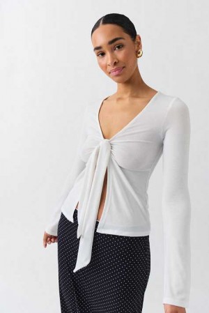 White Women Gina Tricot Tie Front Long Sleeve Top | 58NBVJIAW